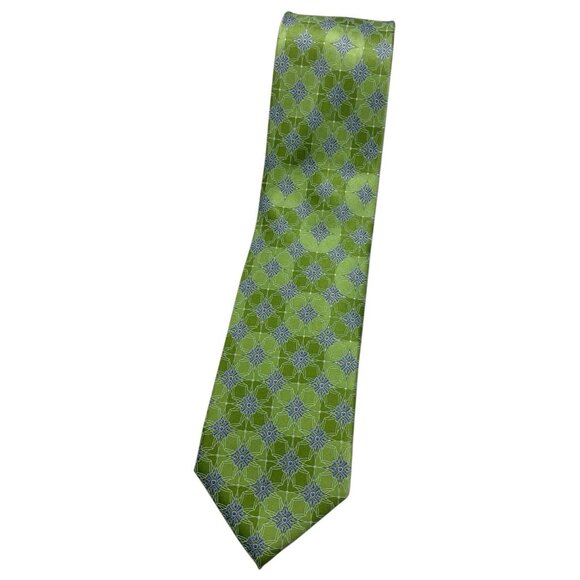 FABERGÉ Men's 100% Silk Necktie LUXURY Tie XL Green Blue Geometric W:3.6" EUC - Picture 1 of 6